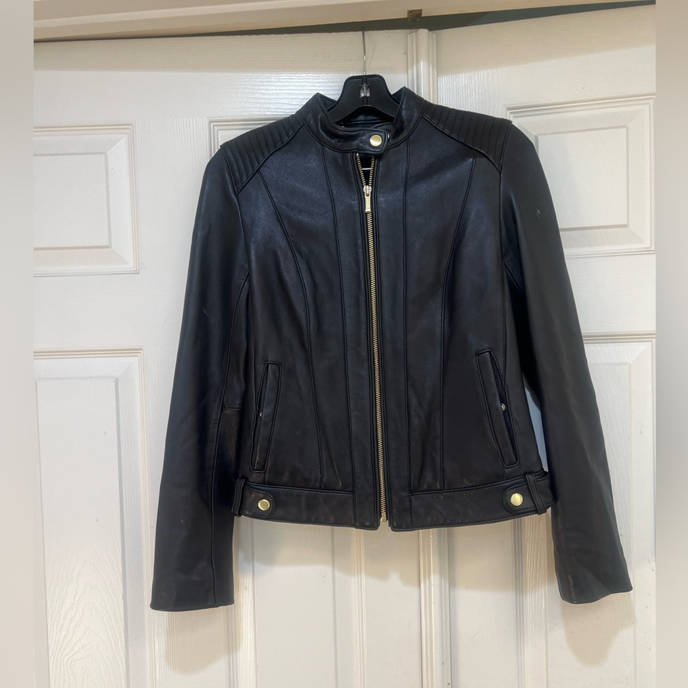 Cole Haan Women XS Black Leather Jacket Buttery Soft Lambskin Moto Quiet Luxury